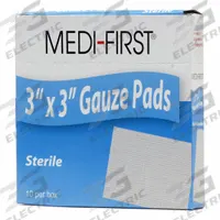 MEDI-FIRST Gauze Pad: 3 in Dressing Lg, 3 in Dressing Wd, Cotton Blend, Sterile, 10 PK (MPN 61212). Key specifications — Water Resistance: Not Water Resistant; Unitized: Unitized; Manufacturer Part Number: 61212; Package Type: Box; Product Type: Gauze Pad; Sterility: Sterile; Brand: MEDI-FIRST; Fastener Included: Fastener Not Included.