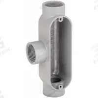 Conduit Outlet Body: Aluminum, 1 in Trade Size, T Body, 12 cu in Body Capacity, Threaded Hub (MPN T100). Key specifications — Finish: Powder Coated; For Use With: IMC; Brand: RACO; Hub Style: Threaded.
