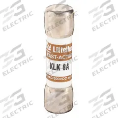 LITTELFUSE Fuse: KLK Series, Midget, Fast-Acting, 8 A, 600 V AC, 500 V DC, 13/32 in x 1 1/2 in (MPN KLK008). Key specifications — attr1287209: KLK; attr211192: LITTELFUSE.