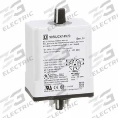 SCHNEIDER Single Function Time Delay Relay: Socket Mounted, 110V AC, 10 A, 8 Pins/Terminals (MPN 9050JCK14V20). Key specifications — Contact Rating (AC): 10 A @ 120/240V; Brand: SCHNEIDER.