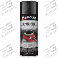 DUPLI-COLOR Engine Enamel: Exterior/Interior, Engine Enamel, Solvent, Ceramic, Metal/Steel, Smooth (MPN EDE161307). Key specifications — Color: Black; Coverage Area: 14 sq ft; Compatible Surface Material: Steel; Finish Texture: Smooth; Sheen: Gloss; Brand: DUPLI-COLOR.