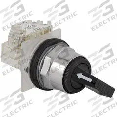 SCHNEIDER Selector Switch: 30 mm Panel Mounting Size, 2 Positions, Extended Lever, DPDT, Metallic (MPN 9001KS11FBH2). Key specifications — AC Contact Rating: 3 A @ 240 V; Action: Maintained/Maintained; Cam: E; DC Contact Rating: 0.55 A @125 V; Hazardous Location Specification: Not Rated; Operator Head Material: Polycarbonate; Operator Head Type: Long-Handled Knob; Operator Illumination: Non-Illuminated.