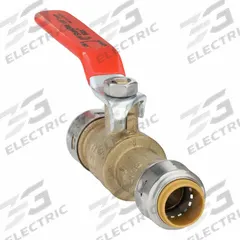 SHARKBITE MAX Manual Two-Way Ball Valve: 1/2 in, Brass, Straight, Push x Push, Full Port Ball Port (MPN UR24735G). Key specifications — Brand: SHARKBITE MAX; Handle: Locking Lever.