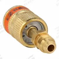 UNIWELD Anti-Blowback Adapter: 13/16 in Lg, 180° Angle, Input 1/4 in Male SAE Right-Hand (MPN EZABM). Key specifications — Product Type: Anti-Blowback Adapter; Brand: UNIWELD; Manufacturer Part Number: EZABM; Material: Brass.