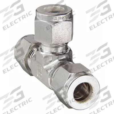 PARKER Compression Tee Fitting: 1/4 in OD x 1/4 in OD x 1/4 in OD Fitting Size - Double-Ferrule Stainless Steel Fittings