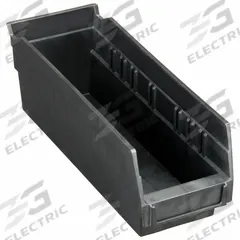 QUANTUM STORAGE SYSTEMS Shelf Bin: 11 5/8 in Overall Lg, 4 1/8 in x 4 in, Black, Nesting Capable (MPN QSB101CO). Key specifications — attr1179622: QUANTUM STORAGE SYSTEMS; attr1179611: 0%; attr1179616: QSB101CO; attr1179624: Dividers Not Included; attr1249172: Electrostatic Discharge Conductive.