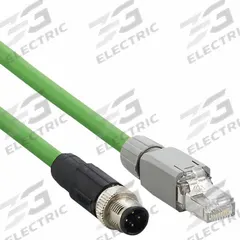 IFM Ethernet Cable: Cat5e, M12 Male Straight x RJ45 Male Straight, 5 m Lg, PVC, Green, D Coding (MPN E12491). Key specifications — Brand: IFM; Cable Jacket Color: Green; End 1 Coding: D; IP Rating: IP20; Performance Category: Cat5e.