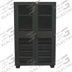 JAMCO Storage Cabinet: 60 in x 24 in x 78 in, 2 Adj Shelves, Swing Handle & Padlock Hasp, Legs (MPN HU260BL). Key specifications — Brand: JAMCO; Body Panel Type: Ventilated; Base Type: Legs; Cabinet Color: Black; Frame Assembled: Assembled.