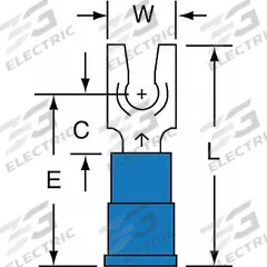 3M Fork Terminals: Blue, Vinyl, #6 Stud Size, 16 AWG – 14 AWG Wire Range, Locking Fork, 1,000 V (MPN MVU14-6FLK). Key specifications — Barrel Style: Funnel; Manufacturer Part Number: MVU14-6FLK; Brand: 3M; Series: TR.