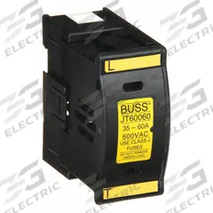 BUSSMANN Fuse Block: Finger-Safe, 1 Pole, 600 V AC, DIN Rail Mounting, Box Lug Termination (MPN JT60060). Key specifications — Brand: BUSSMANN.