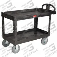 RUBBERMAID COMMERCIAL PRODUCTS Utility Cart: 750 lb, 2 Shelves, 47 in L x 25 in W Self, Black (MPN FG454610BLA). Key specifications — Shelf Color: Black; Brand: RUBBERMAID COMMERCIAL PRODUCTS; Caster/Wheel Configuration: (2) Swivel.