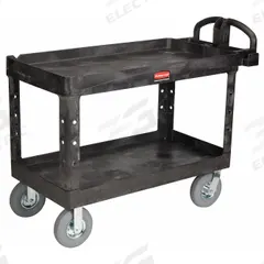 RUBBERMAID COMMERCIAL PRODUCTS Utility Cart: 750 lb, 2 Shelves, 47 in L x 25 in W Self, Black (MPN FG454610BLA). Key specifications — Shelf Color: Black; Brand: RUBBERMAID COMMERCIAL PRODUCTS; Caster/Wheel Configuration: (2) Swivel.