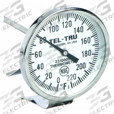 TEL-TRU Laboratory Dial Thermometer: 0°F to 220°F, +/- 1% Accuracy, 8 in Stem Lg - NSF-Rated Vat & Pan Clip-On Dial Thermometers