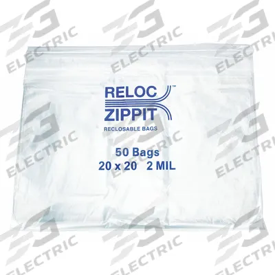 RELOC ZIPPIT Reclosable Bag: 2 mil Thick, 20 in Wd, 20 in Lg, Hang Hole Not Included - Single-Zip Reclosable Poly Bags