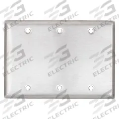 HUBBELL Wall Plate: Blank, 3 Gang, Silver, Std Size (MPN SS33). Key specifications — Brand: HUBBELL; Material: Stainless Steel.