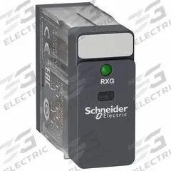 SCHNEIDER Relay: Socket Mounted, 5 A Current Rating, 48V AC, DPDT, 8 Pins/Terminals, J Socket (MPN RXG23E7). Key specifications — Brand: SCHNEIDER; Base Type: Square; Mounting Style: Plug-In; Pin Shape: Flat; Electrical Connection: Quick-Connect; Manufacturer Part Number: RXG23E7; Series: Harmony™ RXG Series.
