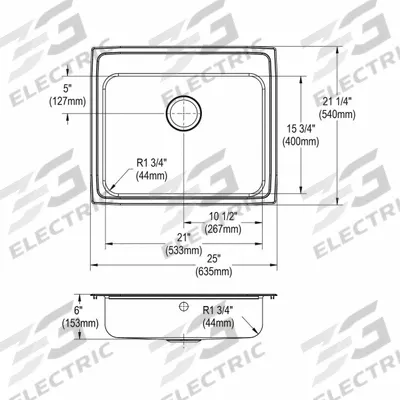 JUST MANUFACTURING Bowl Drop-In Sink: 25 in Overall Lg, 21 1/4 in Overall Wd, 6 in Bowl Dp - One-Bowl Counter-Mounted Kitchen & Bar Sinks without Faucets