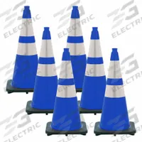 Traffic Cone: MUTCD/NCHRP-350, 28 in Cone Ht, Blue, High-Intensity Prismatic, PVC, Blank, 6 PK (MPN 97578-6). Key specifications — Base Color: Black; Brand: MR. CHAIN; Cone Material: PVC; Legend: Blank.