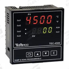 TEMPCO Temperature Controller: TEC-4500, 1/4 DIN Size, Programmable, PID, 90 to 264V AC, Digital (MPN TEC58001). Key specifications — Brand: TEMPCO; Alarms: Relay-2A; Control Mode: PID; Current: 0.125; Display Type: Digital; Input Voltage: 90 to 264V AC; Output: 2 A Relay; Product Type: Temperature Controller.