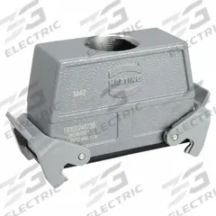HARTING M40 Rectangular Connector Housing: Size 24 B, Cable to Cable Mount, Gray, Aluminum Die-Cast (MPN 19300240738). Key specifications — IP Rating: IP65; Size Designation: 24 B; Cable Entry Thread Size: M40; Seal Material: NBR; Locking Type: Dual Lever; Brand: HARTING; Primary Material: Aluminum; Operating Temperature Range: -40 to 125 Degrees C.