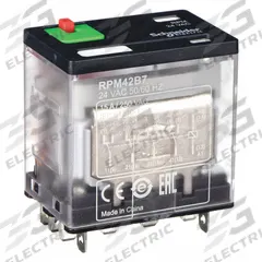 SCHNEIDER General Purpose Relay: Socket Mounted, 15 A Current Rating, 24V AC, 4PDT, F Socket (MPN RPM42B7). Key specifications — Brand: SCHNEIDER; Base Type: Square; Mounting Style: Plug-In; Pin Shape: Flat; Electrical Connection: Quick-Connect; Manufacturer Part Number: RPM42B7; Series: Harmony™ RPM Series.