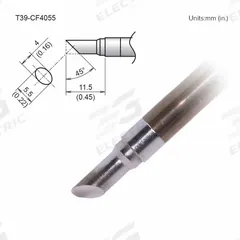 HAKKO Tinned Face Soldering Tip: T39 Series, Bevel, 5.5 mm W, 11.5 mm Lg (MPN T39-CF4055). Key specifications — Brand: HAKKO; Compatible Handpiece Manufacturer Model Number: FX-9701; Manufacturer Part Number: T39-CF4055.