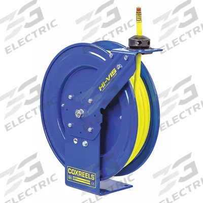 COXREELS Spring Return Hose Reel: 75 ft (3/8 in I.D.), 3/8 in MNPT, 300 psi Max Op Pressure - High-Visibility Large-Frame Air or Water Spring-Return Hose Reels