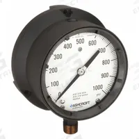 ASHCROFT Process Pressure Gauge: 0 psi to 1,000 psi, White, 4 1/2 in Dial, 1/2 in NPT Male, Bottom (MPN 451379SSL04L1000#). Key specifications — Brand: ASHCROFT; Pointer Color: Black; Accuracy: ±0.5%; Dial Color: White; Gauge Wetted Parts: Stainless Steel; Case Material: Epoxy-Coated Aluminum; Vibration Resistance Properties: Liquid-Filled; Pressure Range: 0 psi to 1,000 psi.