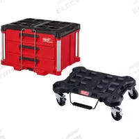 MILWAUKEE PACKOUT Cart and Tool Box: Polymer, Black/Red, 22 1/4 in W x 14 1/4 in H x 14 1/4 in D (MPN 48-22-8443, 48-22-8410). Key specifications — attr1117293: MILWAUKEE; attr1117310: Padlock; attr1117382: Polymer; attr1117383: Red; attr1117271: (1) Dolly.