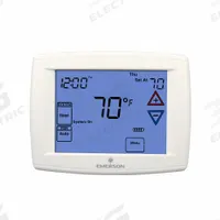 EMERSON Low Voltage Thermostat: Heat and Cool, Auto, 5-1-1/7 Day, Horizontal, Rectangle, Horizontal (MPN 01F95 1277). Key specifications — Application: Heat and Cool; Stages: 2H/2C Conventional, 4H/2C Heat Pump; Programming Capability: 5-1-1; Shape: Rectangle; Terminal Designations: -; Temperature Control Range: 45° to 99°F; Changeover Type: Automatic; Brand: EMERSON.