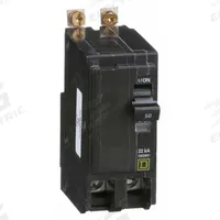 SQUARE D Miniature Circuit Breaker: 50 A, 120/240V AC, Single Phase, 22kA at 120/240V AC, 2 Poles (MPN QOB250VH). Key specifications — Phase: Single; Amps: 50 A; AC Voltage Rating: 120/240V AC; Max. AIR Rating: 22kA at 120/240V AC; For Use With: Square D NQOD Panelboards; Brand: SQUARE D.