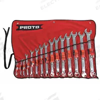 PROTO Combination Wrench Set: Alloy Steel, Satin, 15 Tools, 5/16 in to 1 1/4 in Range of Head Sizes (MPN J1200FASD-TT). Key specifications — attr309520: Satin; attr309519: Alloy Steel; attr324929: PROTO; attr309512: Canvas Pouch; attr309522: No; attr309533: Yes.