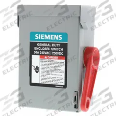 SIEMENS Safety Switch: Non-Fusible, 30 A, Three Phase, 240V AC, Galvanized Steel, Indoor (MPN GNF321A). Key specifications — attr867131: SIEMENS.