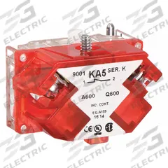 SCHNEIDER Contact Block: 30 mm Panel Mounting Size, 1NC, Momentary/Late Break, 9001K/9001SK Series (MPN 9001KA5). Key specifications — Switch Action: Momentary/Late Break; Terminal Connection Type: Screw Clamp Terminals; Brand: SCHNEIDER; Compatible with Series: 9001K.