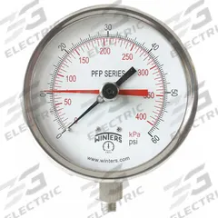 WINTERS Panel-Mount Pressure Gauge: Back Flange, 0 psi to 60 psi, 4 1/2 in Dial, 1/4 in NPT Male, 4X (MPN PFP710-DRY-45BF-MAXI45). Key specifications — Accuracy: ±1.0%; Brand: WINTERS; Vibration Resistance Properties: Field-Fillable; Gauge Wetted Parts: Stainless Steel.
