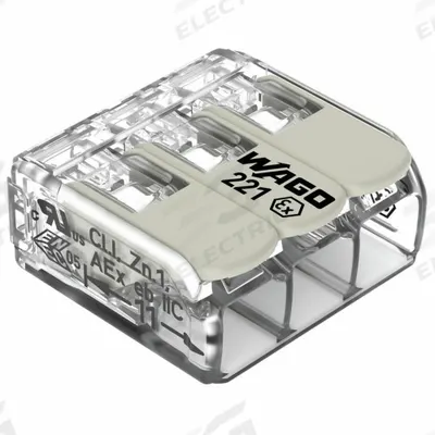 WAGO Lever Wire Connector: 3 Port, 24 AWG – 12 AWG Solid Wire Size Range, 20 A - Hazardous-Location Lever Wire Connectors