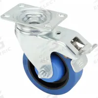 APPROVED VENDOR Plate Caster: Debris-Resistant, Swivel, Rubber, 4 in Wheel Dia, 1 1/4 in Wheel Wd (MPN L-POEV 102KA-12-FI-SB). Key specifications — Wheel/Tread Color: Blue; Brand: APPROVED VENDOR; Roll Up: Swivel with Total Lock.