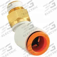 SMC Push-Fit Elbow Fitting: 1/8 in OD x 1/8 in OD Size, Push-to-Connect x MNPT, Brass, White (MPN KQ2K01-34AS). Key specifications — Brand: SMC; Thread Size A: 1/8".