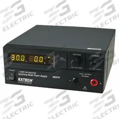 EXTECH DC Power Supply: Switching Digital DC, 3.5 in H x 7.9 in W x 8.5 in D, 2 Displays, LED, 50 mA (MPN 382275). Key specifications — Line Regulation Current: 50 mA; Load Regulation Voltage: 50 mV; Calibration Certificate Type: Not Certified; Manufacturer Part Number: 382275; Brand: EXTECH; Includes: AC Power Cord; Line Regulation Voltage: 20mV; Load Regulation Current: 100 mA.