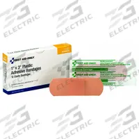 FIRST AID ONLY Adhesive Bandage: Strip Bandages, 1 in Wd, 3 in Lg, Not Metal Detectable, Plastic (MPN 1-002). Key specifications — Product Type: Strip Bandages; Unitized: Unitized; Water Resistance: Water Resistant; Brand: FIRST AID ONLY; Latex Content: Latex Free; Metal Detectable: Not Metal Detectable; Package Type: Box; Manufacturer Part Number: 1-002.