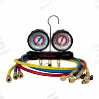 PRO-SET Refrigerant Manifold Set: 2 Valves, 3 Hoses, Series Working Man, 3 1/8 in Gauge (MPN MT2A7P5). Key specifications — Product Type: Manifold Gauge Set; For Refrigerant Type: R-32; Brand: PRO-SET; Gauge Boots: Yes; Sight Glass: No.