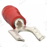 STA-KON Fork Terminals: Red, Nylon, #6 Stud Size, 22 AWG – 16 AWG Wire Range, Flanged Fork, 600 V (MPN RA18-6FS). Key specifications — Barrel Style: Insulation Grip; Manufacturer Part Number: RA18-6FS; Brand: STA-KON; Series: RA1203.