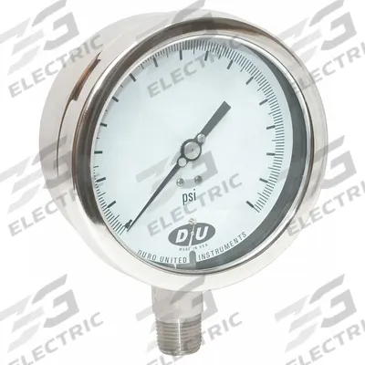 DURO Industrial Pressure Gauge: 0 psi to 300 psi, White, 4 1/2 in Dial, 1/2 in NPT Male - All-Stainless Steel Wetted Parts & Casing