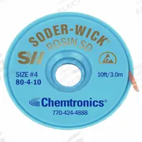 CHEMTRONICS Desoldering Wick: Rosin Flux, # 4, 0.11 in, 10 ft, Blue, ESD-Safe, ROL0 (MPN 80-4-10). Key specifications — Color: Blue; Brand: CHEMTRONICS; Manufacturer Part Number: 80-4-10.