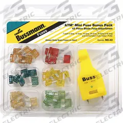 BUSSMANN Fuse Kit: Includes Series ATM, Automotive Fuses, 5 A – 30 A Range (MPN NO.43). Key specifications — Fuse Series Included: ATM; Tool Included: FT-3 Fuse Tester/Puller; Brand: BUSSMANN; Tools Included: Fuse Tester/Puller Combination.