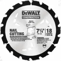 DEWALT Circular Saw Blade: 7 1/4 in Blade Dia., 18 Teeth, 0.07 in Cut Wd, 5/8 in Arbor Size, 10 PK (MPN DW3591B10). Key specifications — attr1116119: DEWALT; attr1145631: Nail-Embedded Wood.