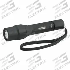 GRAINGER Flashlight: 270 lm, 1 hr Run Time at Max. Brightness, 180 m Max Beam, 3 Light Outputs, Tail (MPN 49XX83). Key specifications — Brand: GRAINGER; Battery Requirements - Broad: Requires 2 AA.