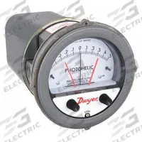 DWYER Differential Pressure Gauge & Switch: Single-Side, 1/8 in NPT Female, ±2% Gauge Accuracy (MPN A3301). Key specifications — Sensor Type: Diaphragm; Series: A3000 Photohelic; Housing Material: Die Cast Aluminum; Certificate of Calibration: Not Included; Gauge Accuracy: ±2%.