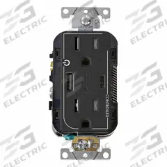 USB Receptacle: Duplex, 5-15R, 1 USB Ports, USB Type A/C, Black, 125V AC, 15 A (MPN T5633-2E). Key specifications — Brand: LEVITON.
