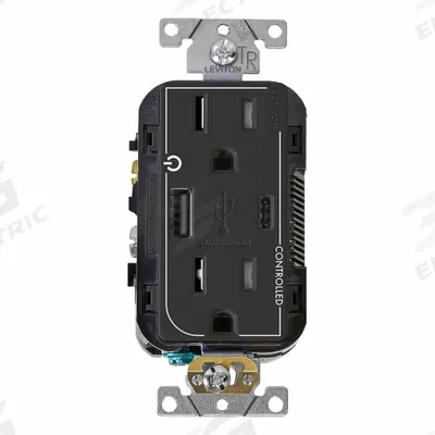LEVITON Receptacle: Duplex, 5-15R, 1 USB Ports, USB Type A/C, Black, 125V AC - Weather-Resistant Receptacles with USB Chargers